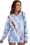 Blue Dropped Sleeve Tie-dye Kangaroo Pocket Hoodie with Drawstring
