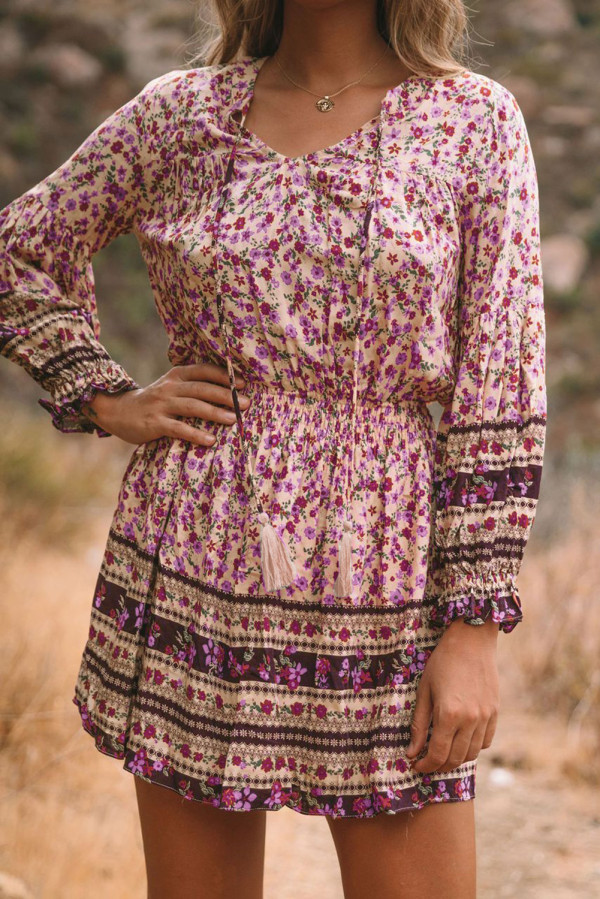 Pink Split V Neck Boho Floral Dress