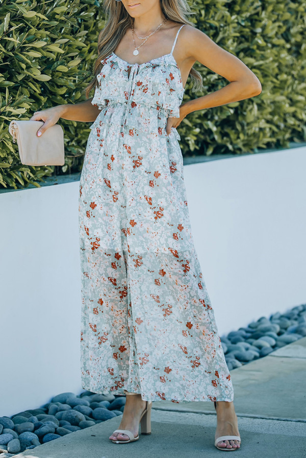 Floral Print Spaghetti Strap Ruffled Wide Leg Jumpsuit