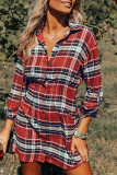 Red Plaid Print Buttoned Long Sleeve Shirt Dress