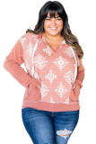 Orange Aztec Print Paneled Reverse Seam Trim Plus Size Hoodie