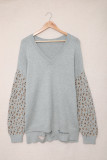 Gray Distressed Hemline Leopard Sleeve Plus Size Sweater