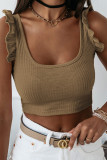 Brown Ruffle Strap Ribbed Sleeveless Crop Top