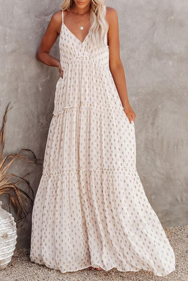 Beige Pattern Print Tiered Ruffled Spaghetti Strap V Neck Maxi Dress