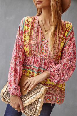 Pink Floral Print Loose Drawstring V Neck Blouse