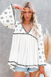 White V Neck Embroidered Flare Sleeve Pleated Hem Top