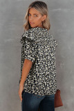 Black Floral Print Smocked Ruffled V Neck T-shirt