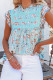 Sky Blue Floral Print Ruffled Crew Neck Sleeveless Top