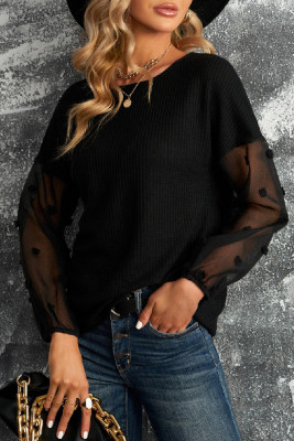 Polka Dot Mesh Sleeve Waffle Knit Top