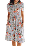 Striped Flower Short Sleeve Flowy Midi Dress