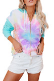 Sky Blue Zipper Drawstring Tie Dye Color Block Hoodie
