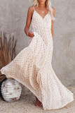 Beige Pattern Print Tiered Ruffled Spaghetti Strap V Neck Maxi Dress