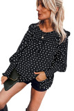 Black Smocked Ruffle Trim Blouse