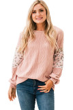 Pink Leopard Sequin Splicing Sleeves Textured Knit Top