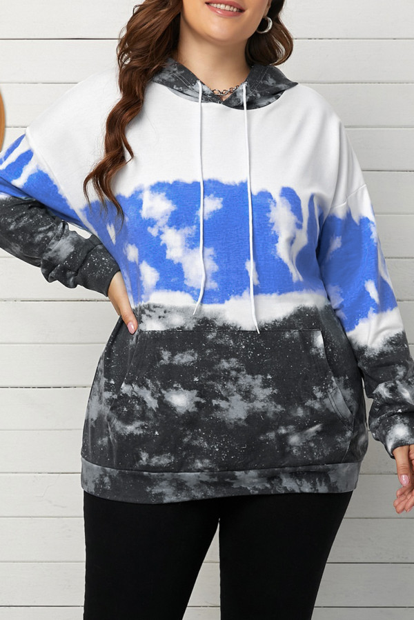 Blue Gradient Colorblock Pullover Plus Size Hoodie