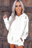 White Solid Ripped Hooded Sweatshirt with Kangaroo Pocket