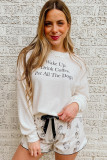 White Long Sleeve Letters Pullover and Animal Shorts Lounge Set