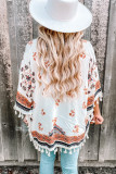 Floral Print Tassel Half Sleeve Open Front Kimono