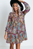 Multicolor Floral Print High Waist V Neck Shirt Dress