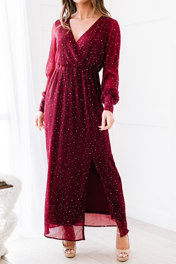 Wine Red Side Split Rhinestone V Neck Maxi Dress