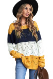Yellow Round Neck Side Slit Pointelle Color Block Sweater