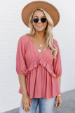 Pink Ruffled Half Sleeve V Neck Babydoll Top