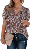 Floral Print Smocked Ruffled V Neck T-shirt