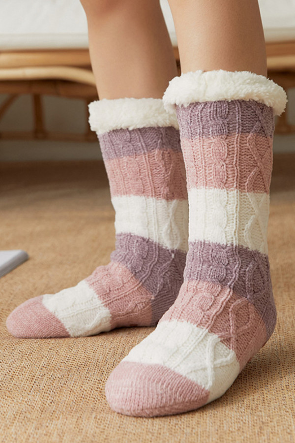 Plush Knit Striped Slipper Socks MOQ 12pcs