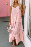 Pink Abstract Print Split Neck Sleeveless Maxi Dress