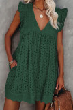 Green V Neck Ruffled Sleeves Perforating Babydoll Dress