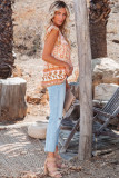 Orange Floral Print Ruffled Crew Neck Sleeveless Top