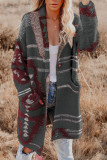 Gray Lapel Collar Geometric Print Knit Cardigan