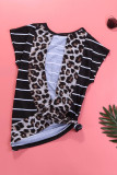 Stripe Black Leopard Printed Open Back Short Sleeve T Shirt