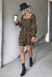 Smocked Square Neck Leopard Print Mini Dress