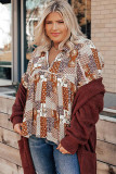 Apricot Turn-down Neck Mixed Print Plus Size Shirt