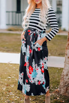 Striped Floral O-Neck Long Dress