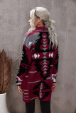 Wine Red Lapel Collar Geometric Print Knit Cardigan