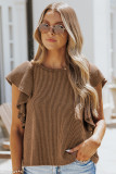 Brown Ribbed Knit Ruffled Short Sleeve T Shirt
