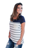 Navy Striped Top with Lace Pocket