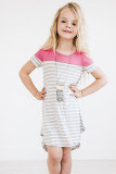 Rose Colorblock Patchwork Striped Girls’ Dress