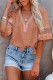 Brown Beige Tassel Drawstring Embroidered Half Sleeve V Neck Top