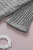 Grey Ribbed Open Front Knit Cardigan