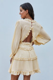Beige V Neck Ruffle Detailing Open Back Dress
