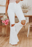 White Distressed Hollow-out Knee Frayed Flare Jeans