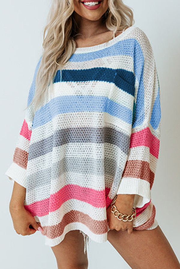 Multicolor-2 Multicolor Striped Knit Top with Chest Pocket