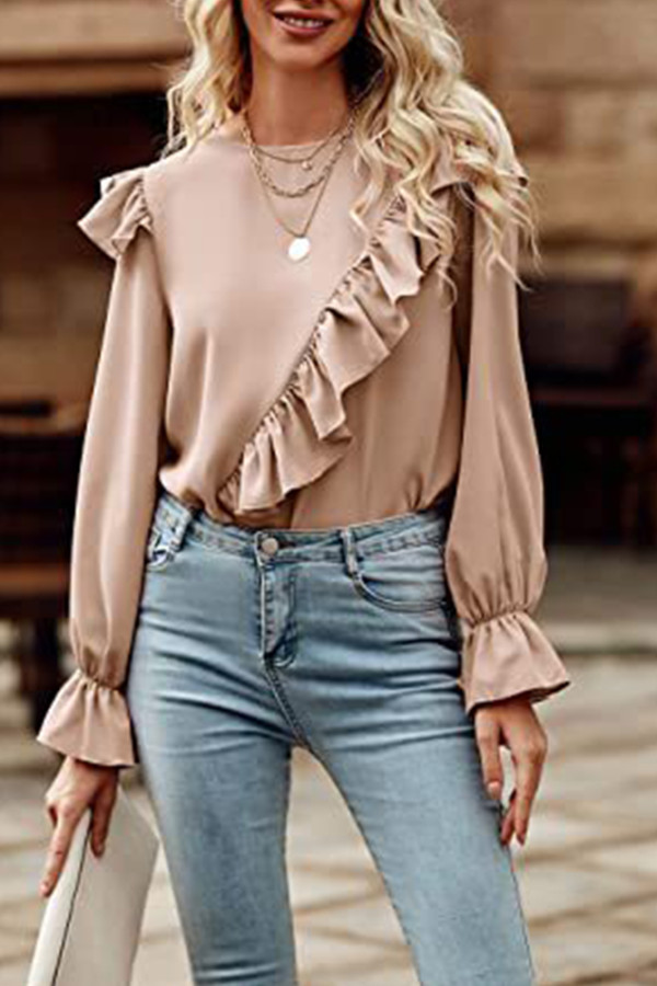 Puff Sleeves Plain Pleated Ruffle Blouse