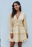Beige V Neck Ruffle Detailing Open Back Dress