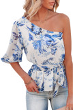 Sky Blue Floral One Shoulder Peplum Top
