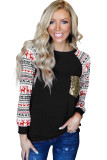Black Christmas Print Sleeve Sequin Pocket RaglanTop