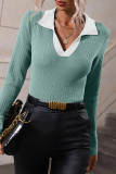 Color Block Lapel Collar Flare Sleeves Knit Top